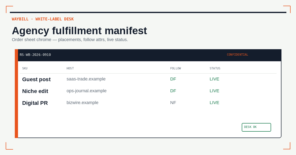 Cargo waybill manifest for white-label link building desk fulfillment