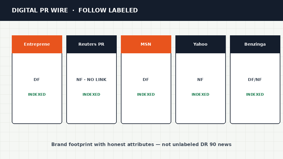 Digital PR wire cards for Entrepreneur, Reuters, MSN, Yahoo, and Benzinga with follow labels