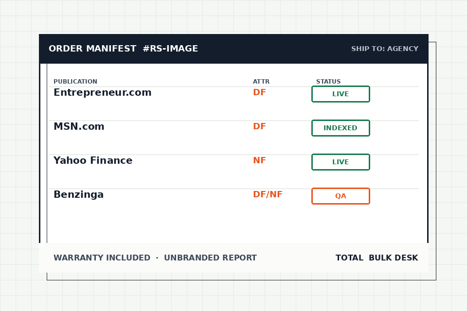Sample RankSupply order manifest showing publication placements with follow attributes and live status